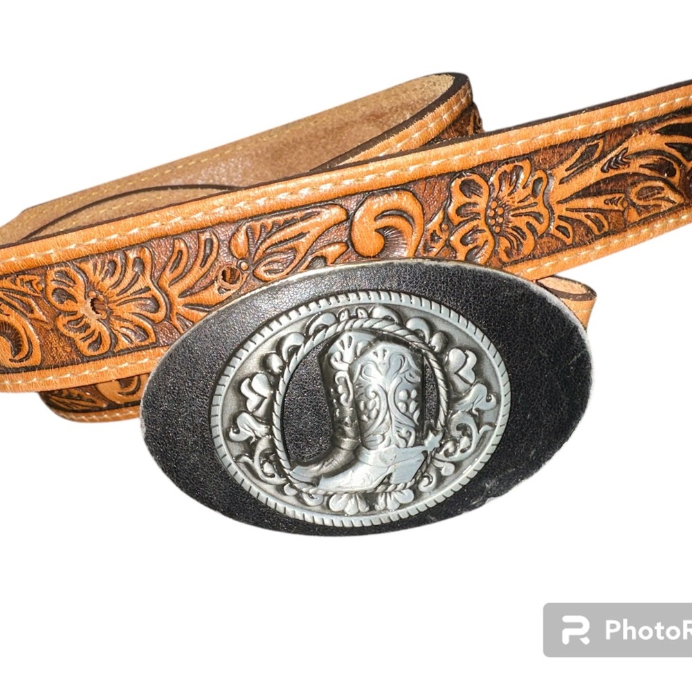 Justin Tooled Leather Western Belt Cowboy Boot Buckle Floral USA Size 24